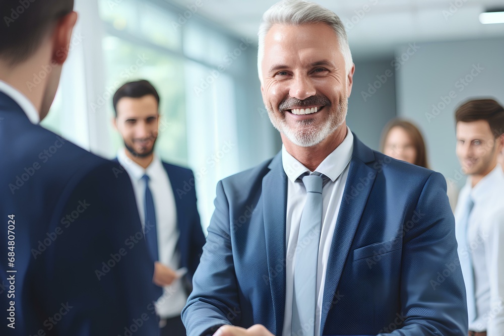 Happy business man manager handshaking at office meeting. smiling male hr hiring recruit at job interview. generative AI Happy business man manager handshaking at office meeting. smiling male hr hiring recruit at job interview. generative AI