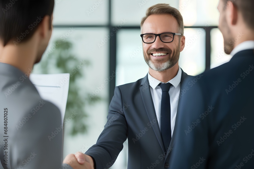 Happy business man manager handshaking at office meeting. smiling male hr hiring recruit at job interview. generative AI Happy business man manager handshaking at office meeting. smiling male hr hiring recruit at job interview. generative AI
