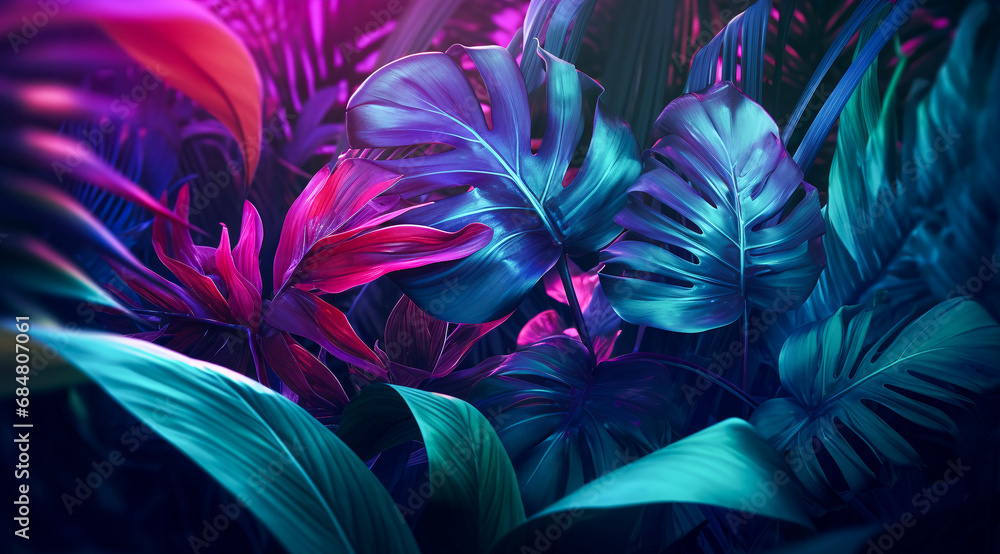 Big glowing tropical leaves in pink and green neon light, modern exotic natural background. Big glowing tropical leaves in pink and green neon light, modern exotic natural background.