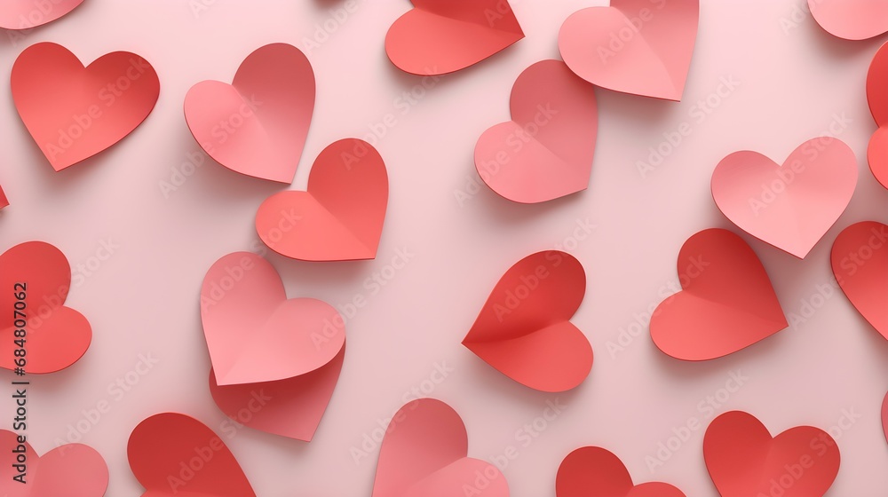 Seamless Background of Paper Hearts in light red Colors. Romantic Wallpaper with Copy Space