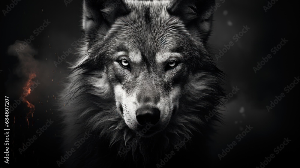 a close up of a wolf's face on a dark background with smoke coming out of the eyes of the wolf. a close up of a wolf's face on a dark background with smoke coming out of the eyes of the wolf.