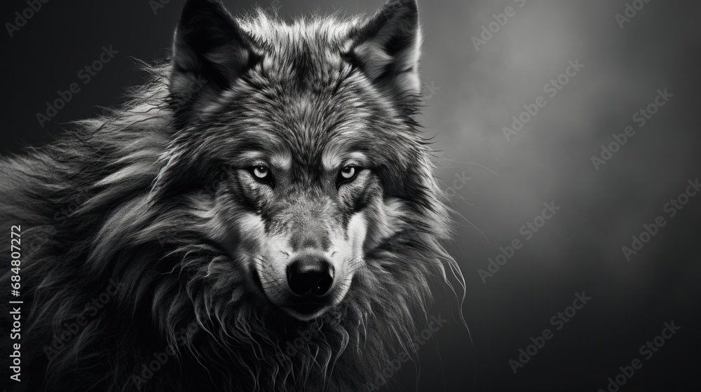 a black and white photo of a wolf looking at the camera with an intense look on it's face. a black and white photo of a wolf looking at the camera with an intense look on it's face.