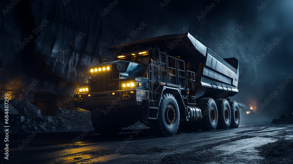Large mining dump truck in a coal mine. Loading coal into a body truck. Mining equipment. ai generative