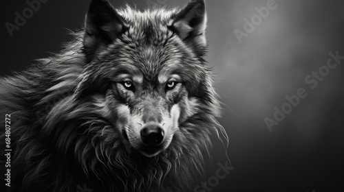  a black and white photo of a wolf looking at the camera with an intense look on it's face.