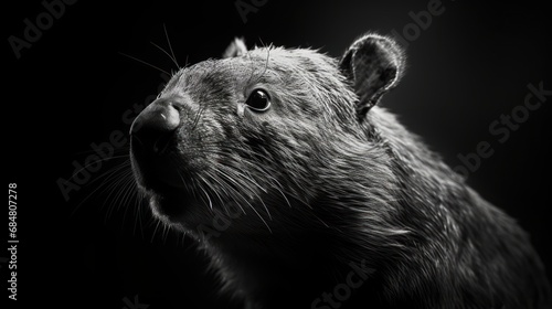  a close up of a rodent's face in a black and white photo of a rodent's head. photo