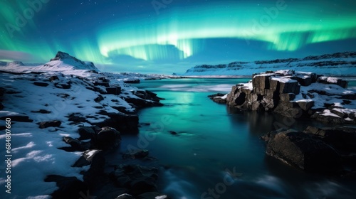 a green and blue aurora bore above a body of water with snow on the ground and rocks in the foreground.