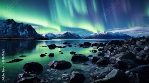  a green and purple aurora bore over a body of water with rocks in the foreground and mountains in the background.