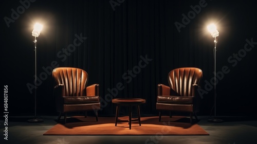 Two chairs and spotlights in podcast or interview room on dark background photo