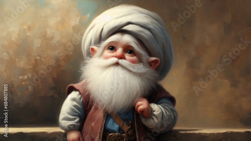 Sufi Dwarf in 16th Century Fantasy - Cute, White-Bearded, Period Clothing, Oil Painting Portrait photo