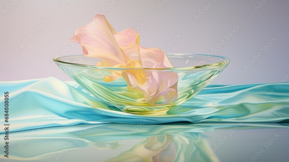a glass bowl with a flower inside of it on a blue clothed table cloth with a light blue background. a glass bowl with a flower inside of it on a blue clothed table cloth with a light blue background.