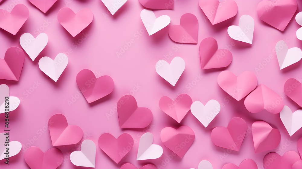 Seamless Background of Paper Hearts in pink Colors. Romantic Wallpaper with Copy Space