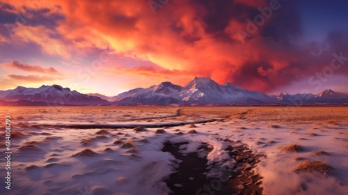  a sunset view of a mountain range with a trail in the foreground and snow on the ground in the foreground.