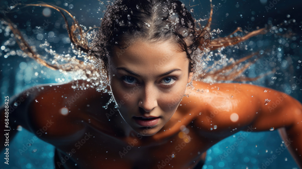 Swimmer's elegant crawl stroke in sparkling water vivid colors and focus create captivating image