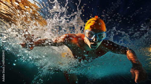 Swimmer's powerful butterfly stroke kick energetic water churning vibrant pool colors photo