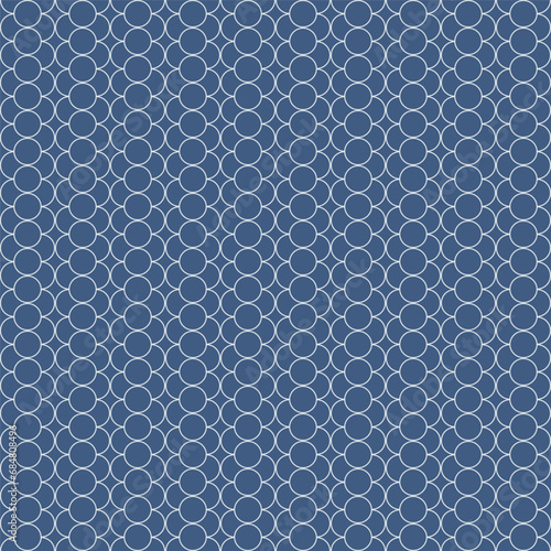 White circle mesh on denim blue background. Geometric structured intertwined net seamless pattern.