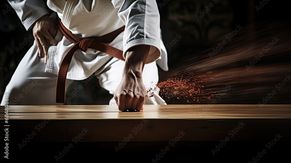 Obraz premium Karate black belt's precise board break
