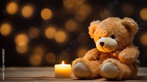  a teddy bear sitting next to a lit candle on a wooden table with a boke of lights in the background.