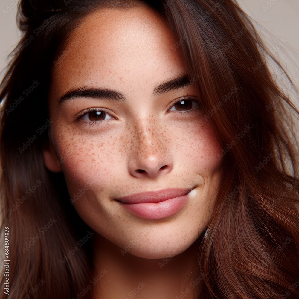 a close-up of a model with full lips and freckles on her face, dark eyes, smiling a close-up of a model with full lips and freckles on her face, dark eyes, smiling