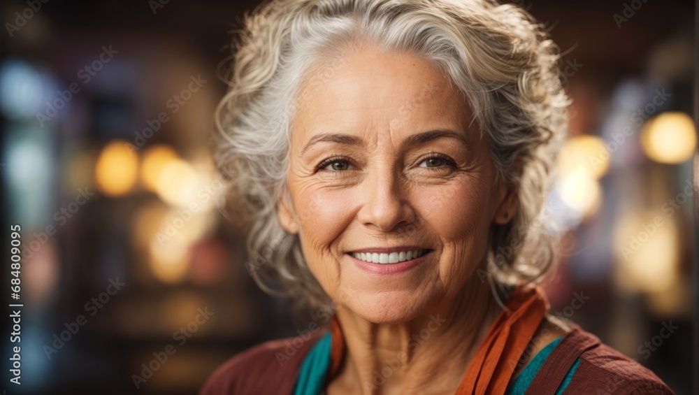 Portrait of a good-looking old woman with curly grey hair and a friendly smile, background blurred Portrait of a good-looking old woman with curly grey hair and a friendly smile, background blurred