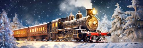 Panorama of an old christmas steam locomotive driving at night through a dreamlike snowy landscape at christmas time photo