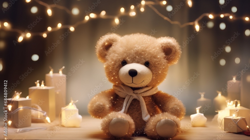 a brown teddy bear sitting in front of a bunch of lit candles and a string of lights in the background. a brown teddy bear sitting in front of a bunch of lit candles and a string of lights in the background.