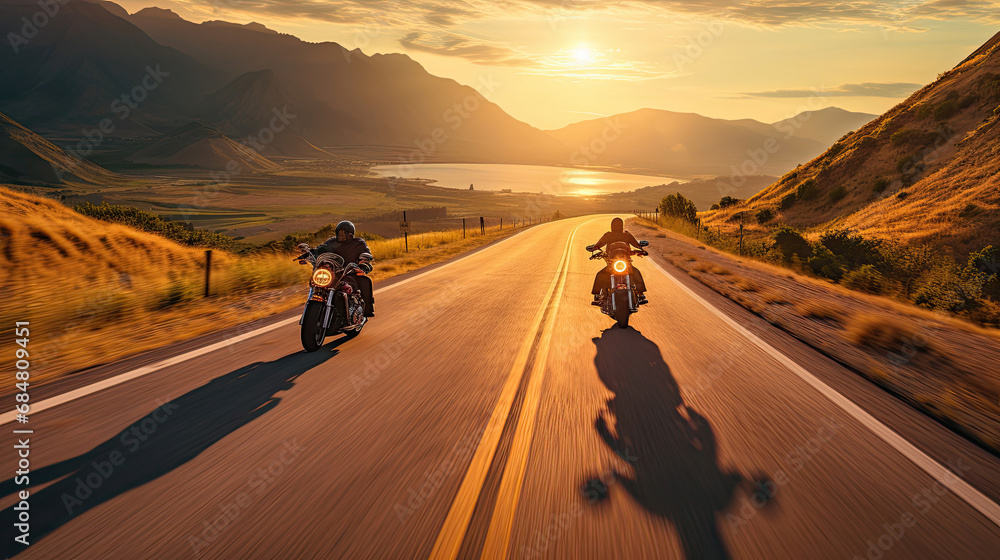 Fototapeta premium Two motorcyclists cruising side by side open highway bright road colors