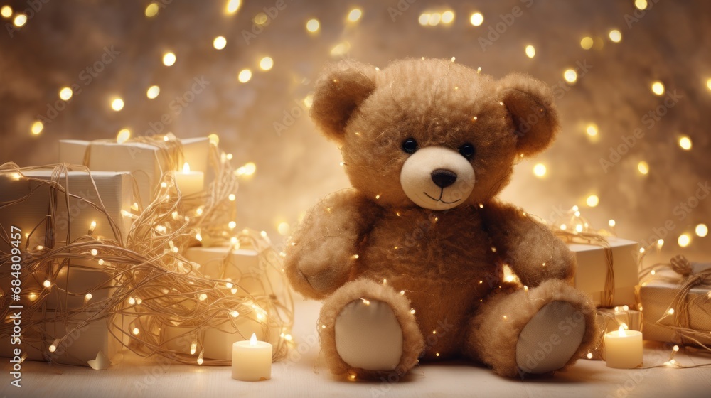 a brown teddy bear sitting in front of a pile of presents with lights on the sides of the bears head. a brown teddy bear sitting in front of a pile of presents with lights on the sides of the bears head.
