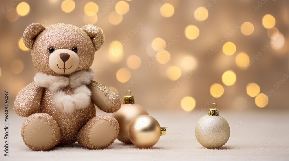 a brown teddy bear sitting next to a christmas ornament and a gold ornament ornament. a brown teddy bear sitting next to a christmas ornament and a gold ornament ornament.