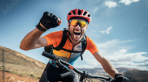 Cyclist's elation after mountain stage celebratory fist pump vivid colors