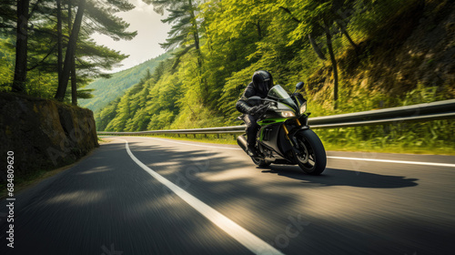 Maneuvering through mountain hairpin turns low angle with lush forest backdrop. Vivid greenery and precise technique create captivating scene