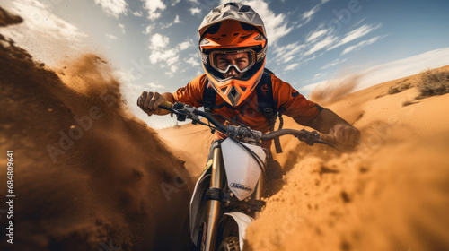 Determination on sandy off-road trail close-up with challenging terrain. Natural colors and controlled intensity depict skill in off-road motocycling photo