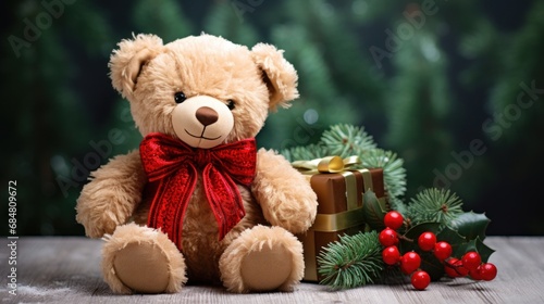 Wallpaper Mural  a brown teddy bear with a red bow sitting next to a christmas tree and a gift box with a red ribbon on it. Torontodigital.ca