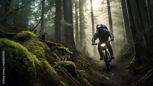 Motorcyclist racing in misty forest © javier