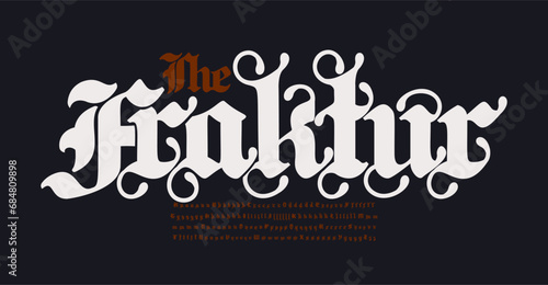 Fraktur Gothic Font. German medieval manuscript alphabet with many alternate fancy letters for historical headlines, monograms, and logos design. Gothic splendid type. Vector illustration.