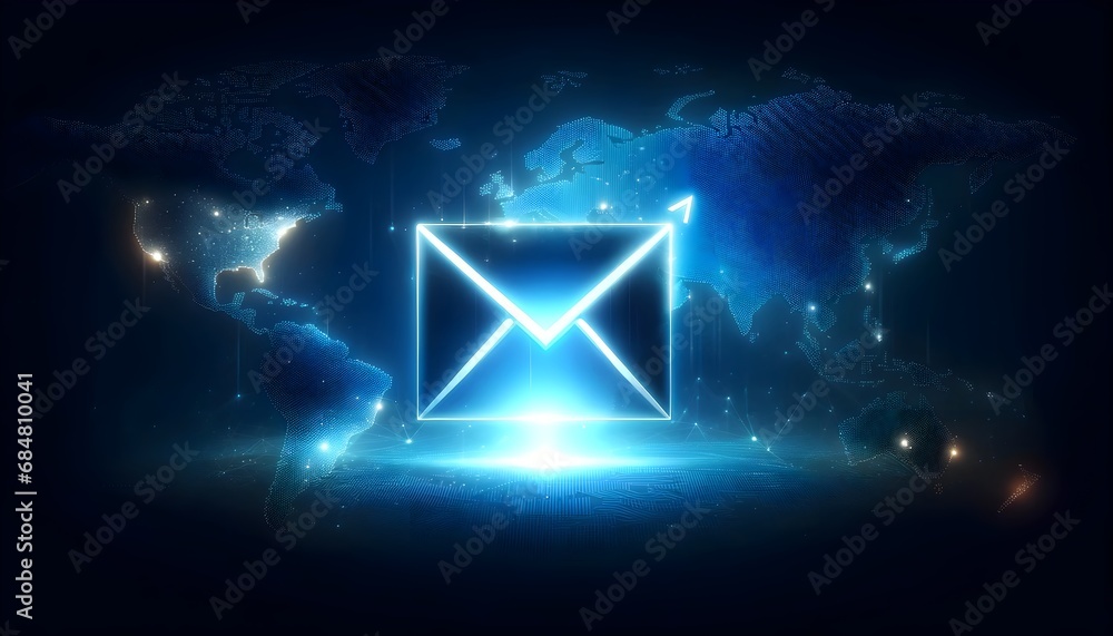 The image displays a neon blue digital envelope icon centered over a background depicting a stylized world map, conveying the concept of global digital communication. The image displays a neon blue digital envelope icon centered over a background depicting a stylized world map, conveying the concept of global digital communication.