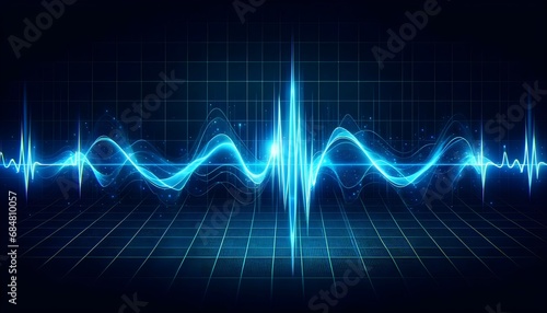 The image depicts a vibrant blue digital audio waveform pulsating across a dark grid background, symbolizing sound frequency, music technology, or data analysis.