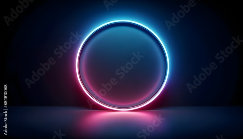 The image showcases a neon-lit circular portal with a gradient of blue to pink colors on a dark background, creating a futuristic or sci-fi vibe. photo