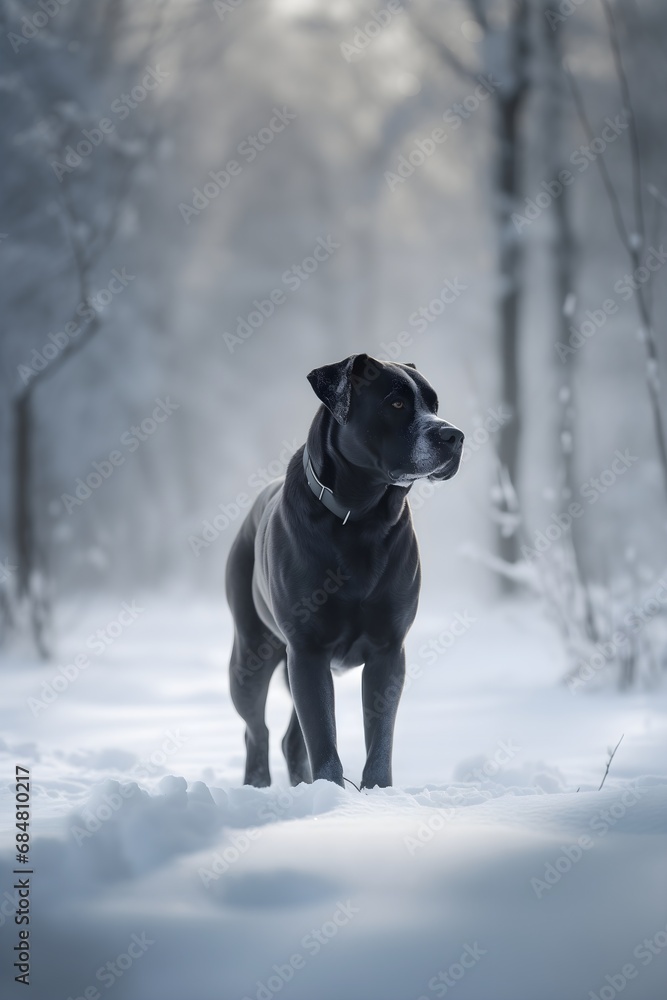 Black cane corso dog in snowy nature. Italian mastiff walking through the forest in cold winter time, guard dog molosser breed
