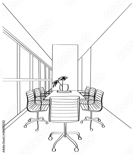 Open Space office. Workplaces outdoors. Tables, chairs and windows. Vector illustration in a sketch style.