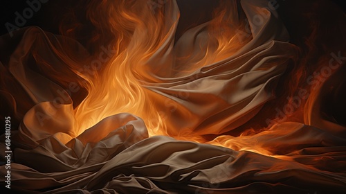  a close up of a bed with a blanket on top of it and a fire in the middle of the bed.