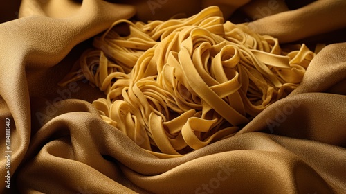  a close up of a bunch of pasta on a cloth with a lot of noodles in the middle of it. photo