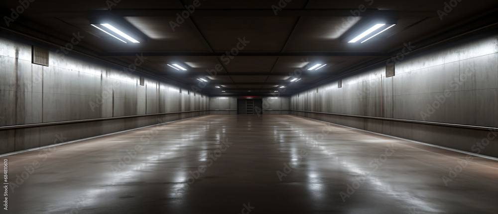 Elegant Big Hall Concrete Glossy underground tunnel, garage, corridor, warehouse with cement floor, asphalt, slab. LED lighting, neon lamps. Generative ai