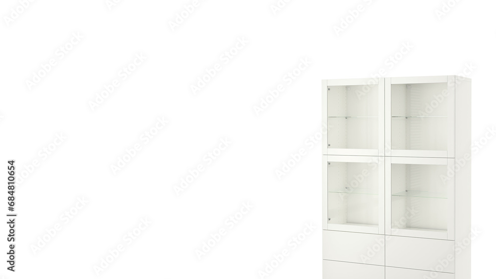 White storage and display cabinet with glass doors, isolated on white copy-space background. White storage and display cabinet with glass doors, isolated on white copy-space background.