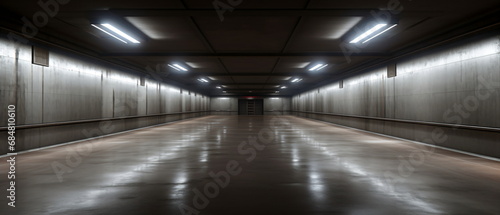 Elegant Big Hall Concrete Glossy underground tunnel, garage, corridor, warehouse with cement floor, asphalt, slab. LED lighting, neon lamps. Generative ai © Mickael