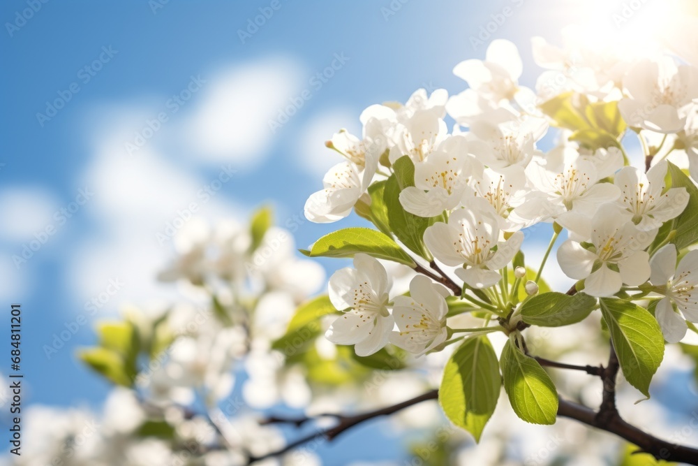 white cherry blossoms in full bloom against a clear blue sky, with sunlight filtering through the petals.