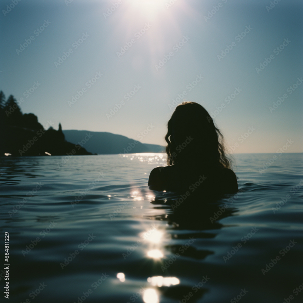 Fototapeta premium silhoutte of a woman in water with sun piercing through in lake
