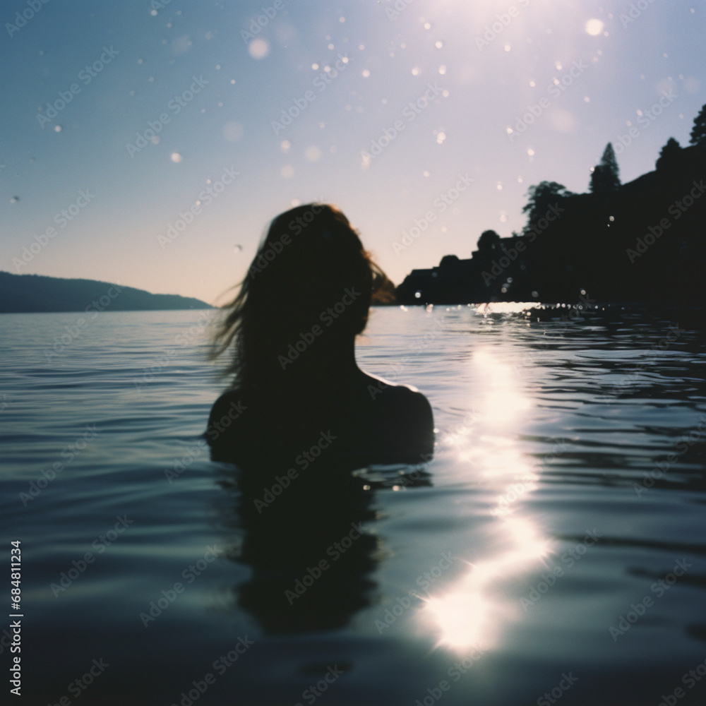 silhoutte of a woman in water with sun piercing through in lake silhoutte of a woman in water with sun piercing through in lake