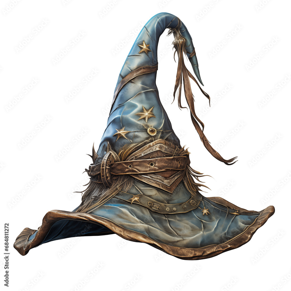 The blue wizard hat is cut out on a transparent background in PNG