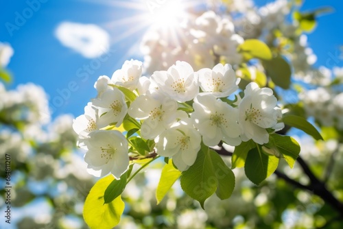 cluster of white cherry blossoms against a clear blue sky  bathed in the bright sunshine that heralds the arrival of spring.