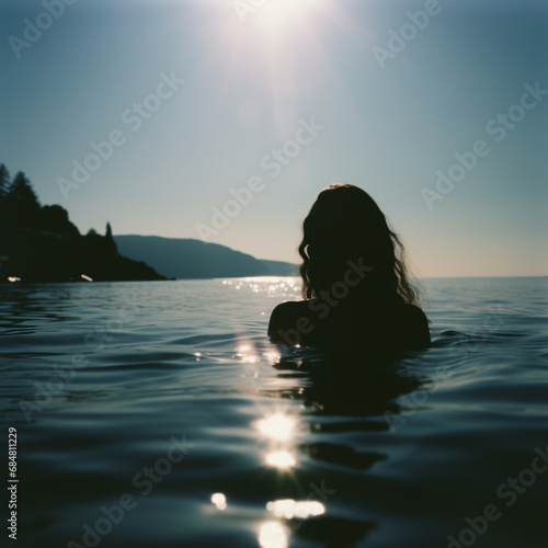 silhoutte of a woman in water with sun piercing through in lake